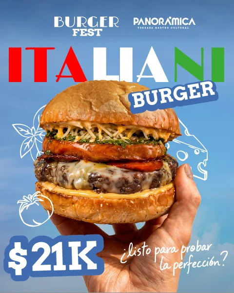 Hamburguesa Italian Burger promocionada en Burger Fest de Terraza Panorámica Cartagena.