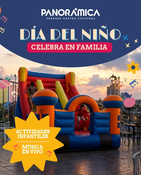 Evento del Día del Niño en Terraza Panorámica Cartagena con inflable, actividades infantiles y música en vivo.