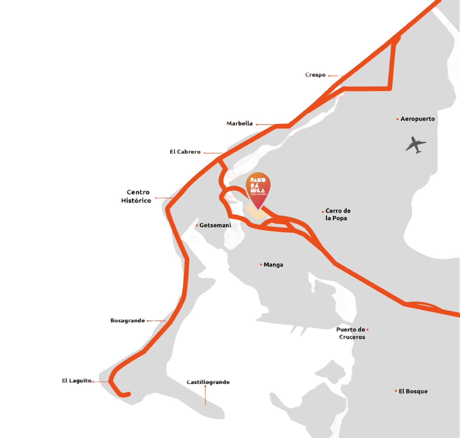 Mapa de Cartagena con la ubicación de La Terraza Panorámica y los tiempos a los principales puntos de la ciudad