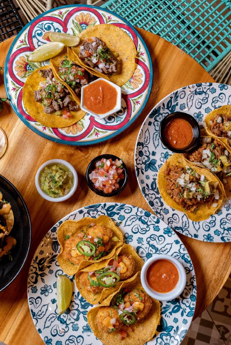 Selección de tacos y entradas servidos en La Terraza Panorámica